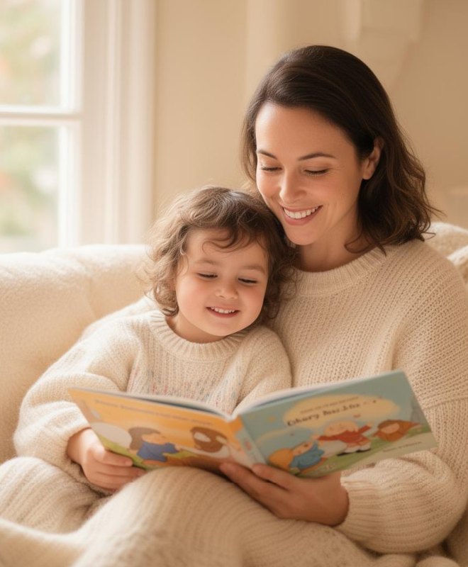 Mamá leyendo un libro infantil con su hija en el sillón