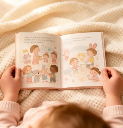 Niña hojeando un libro ilustrado sobre una manta tejida